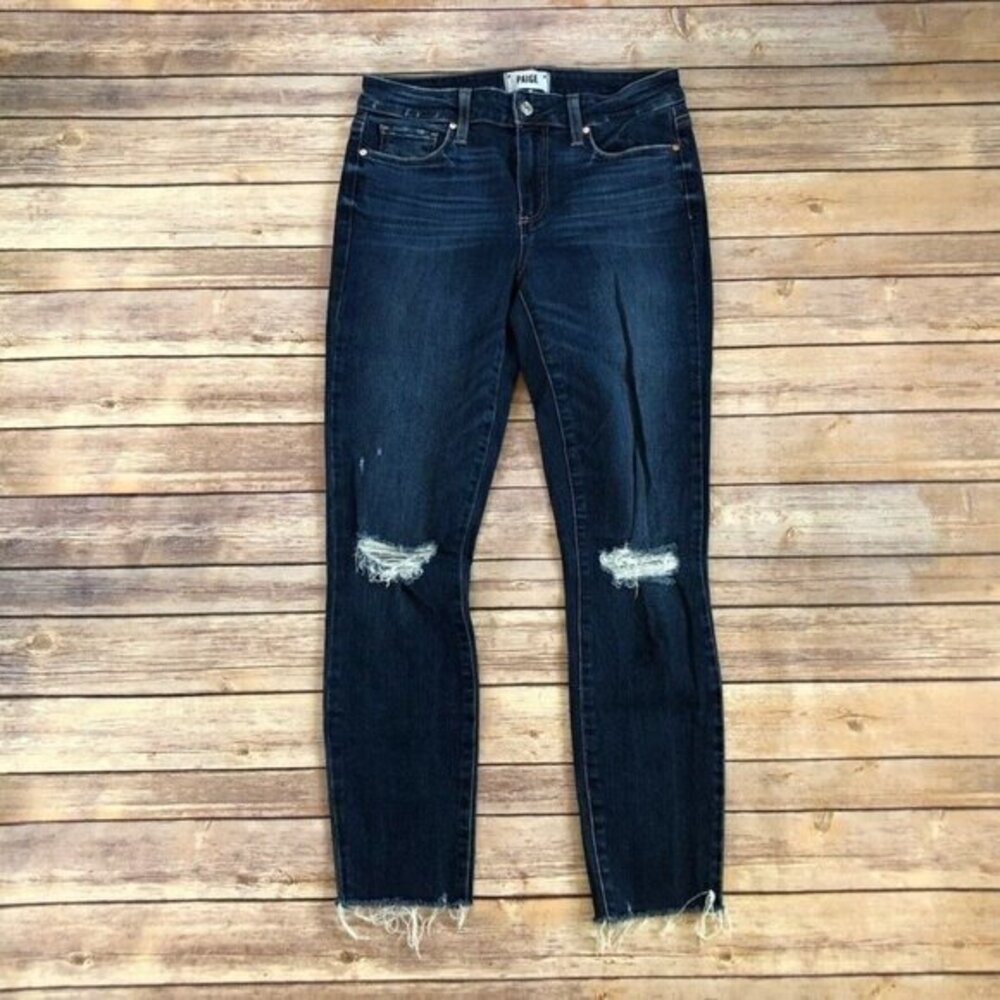 Paige Verdugo Ankle Jeans Uptown Destructed Raw Hem Ripped Knees Dark
